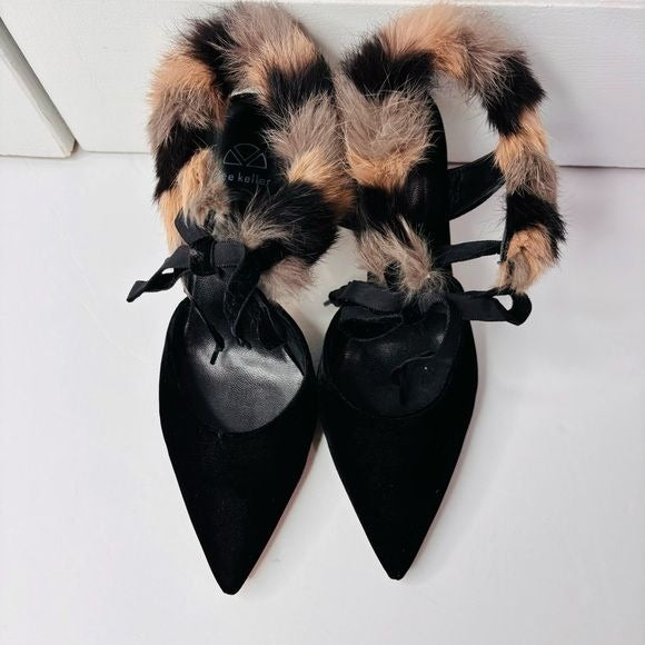 DEE KELLER Velvet Pointed Toe Fur Trim Stiletto Heels Size 7.5