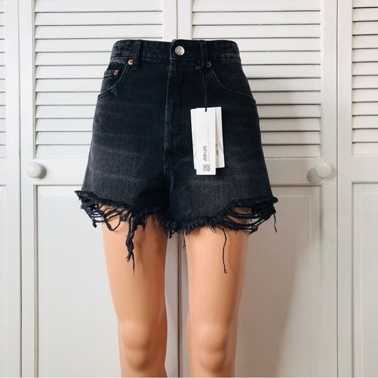 ZARA Black High Rise Distressed Jean Shorts Size 8 *NEW*