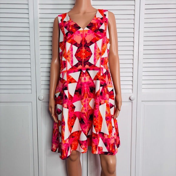 VINCE CAMUTO Vibrant Abstract Print V-Neck Cocktail Dress Size 14