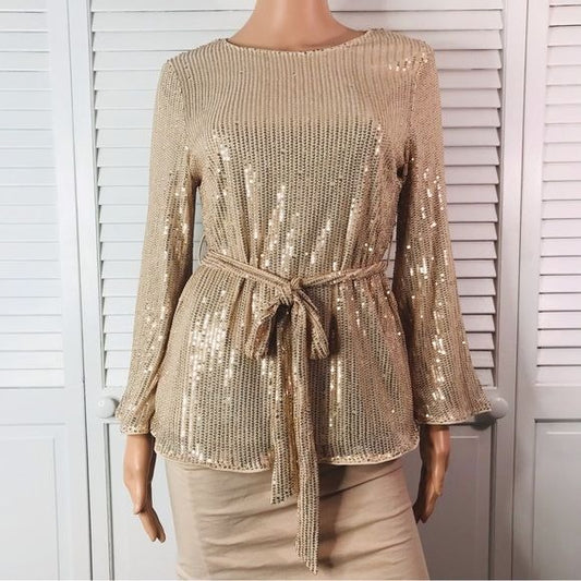 GRACE KARIN Almond Long Bell Sleeve Crew Neck Sequined Blouse Size S *NEW*