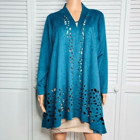 *NEW* ARIS.A Teal Suede Cut Out Open Front Cardi