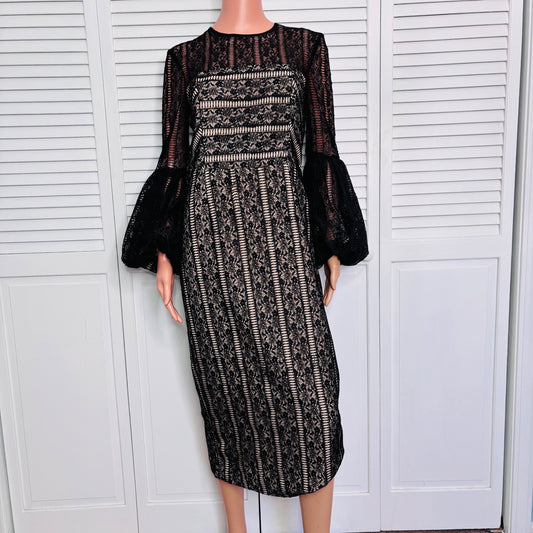 REBECCA VALLANCE Lou Lou Gather Sleeve Black Lace Midi Dress Size 8