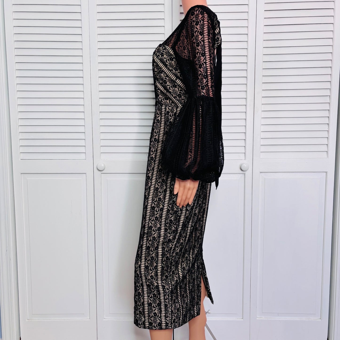 REBECCA VALLANCE Lou Lou Gather Sleeve Black Lace Midi Dress Size 8