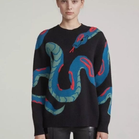 RAG & BONE Black Cashmere Snake Embroidered Sweater Size S