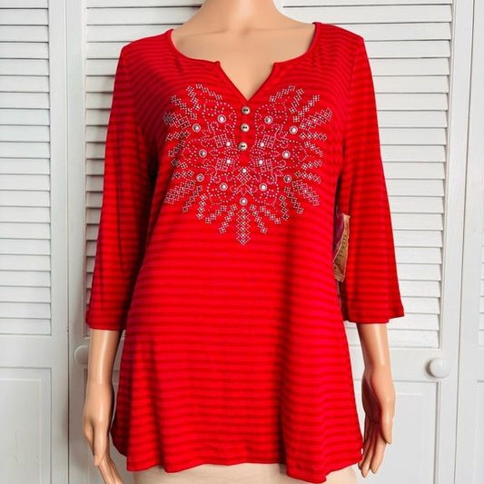 *NEW* ONE WORLD Red Striped Studded Shirt Size 2X