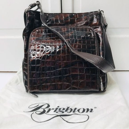 BRIGHTON Brown Glossy Leather Croc Leather Shoulder Bag