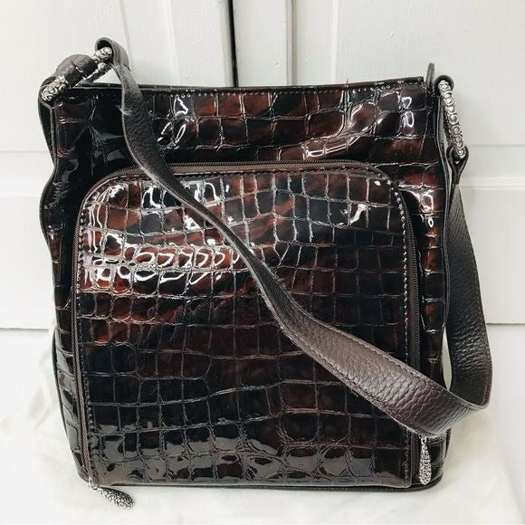 BRIGHTON Brown Glossy Leather Croc Leather Shoulder Bag