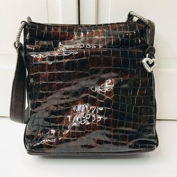 BRIGHTON Brown Glossy Leather Croc Leather Shoulder Bag