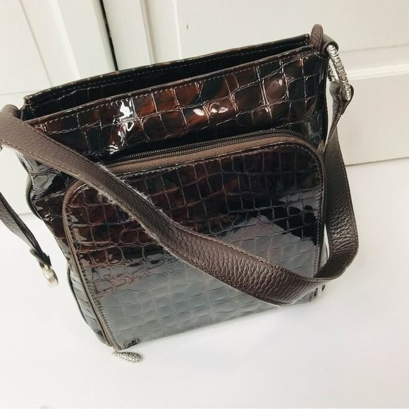 BRIGHTON Brown Glossy Leather Croc Leather Shoulder Bag