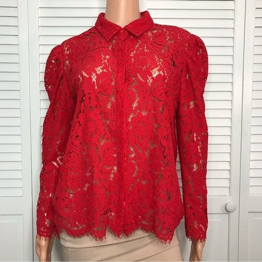 GENERATION LOVE Valencia Lace Red Sheer Blouse Size M