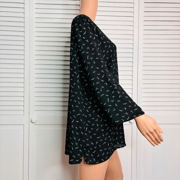 *NEW* MAURICES Georgette Black Print Lattice Detail Roll Tab Sleeve Blouse Size 1