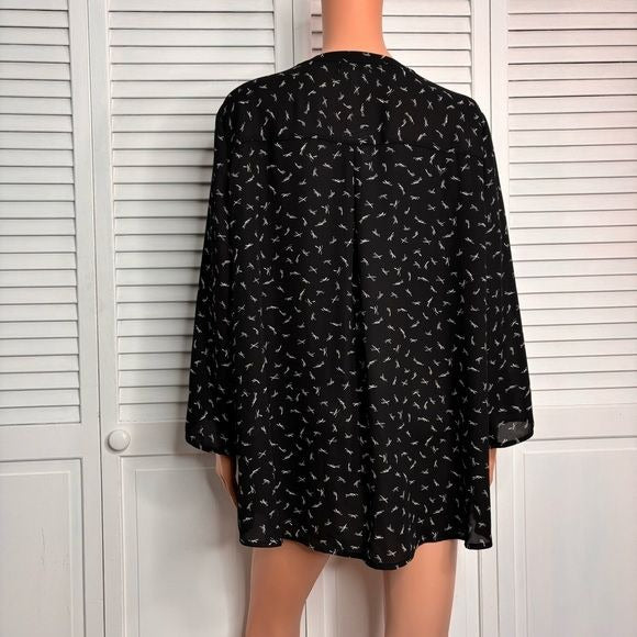 *NEW* MAURICES Georgette Black Print Lattice Detail Roll Tab Sleeve Blouse Size 1