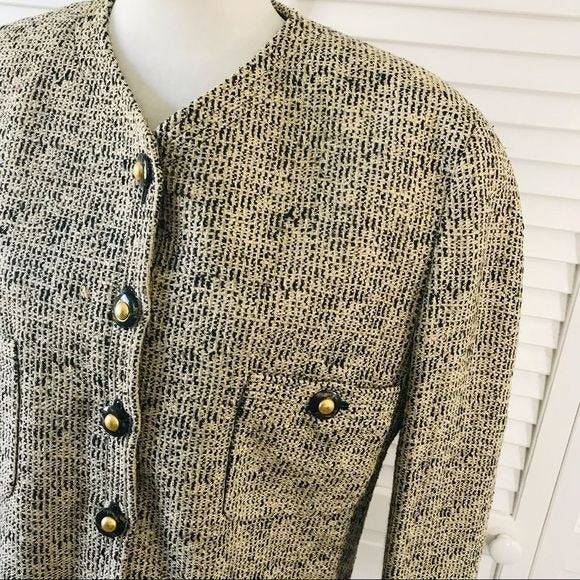 CARLISLE Beige Black Tweed Silk Blend Button Closure Blazer Size 14