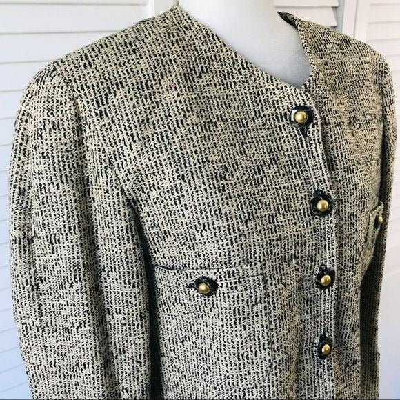 CARLISLE Beige Black Tweed Silk Blend Button Closure Blazer Size 14