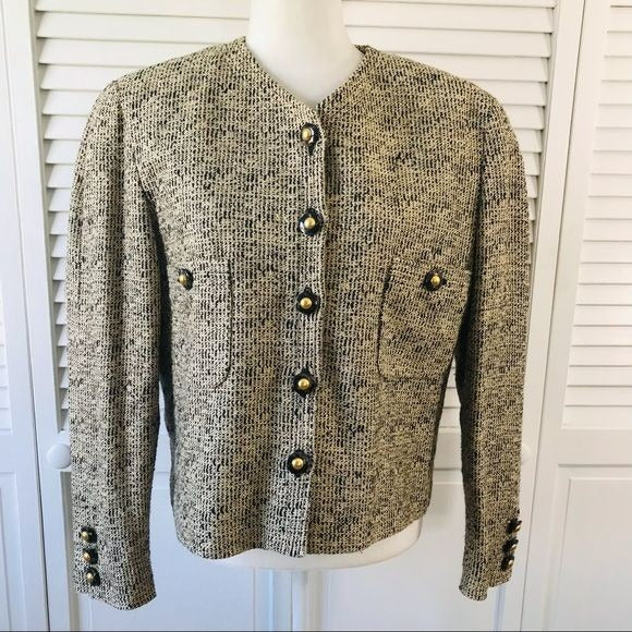 CARLISLE Beige Black Tweed Silk Blend Button Closure Blazer Size 14