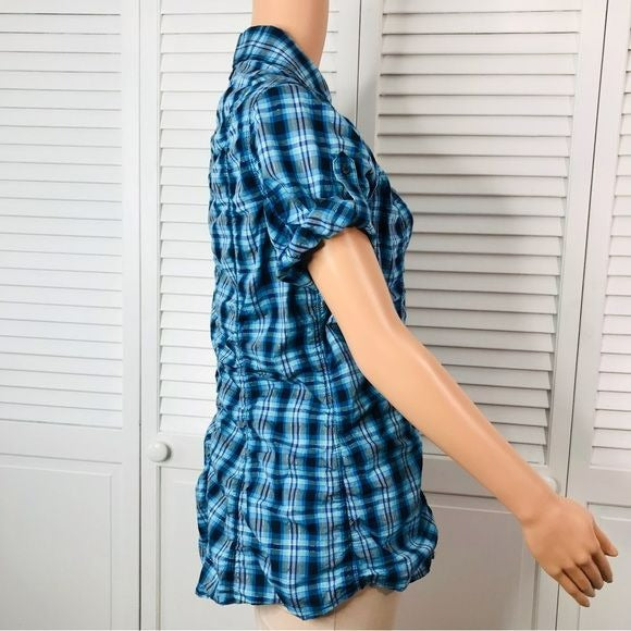 EXPRESS Blue Plaid V-Neck Button Down Short Sleeve Shirt Size L *NEW*