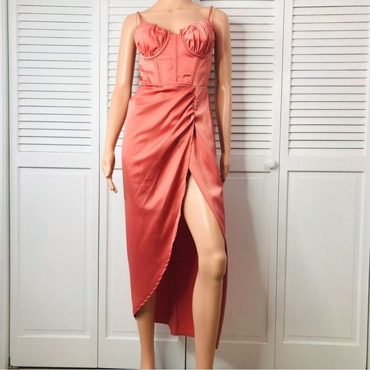 PRETTY LITTLE THING Coral Satin Midaxi Dress Size 6 *NEW*