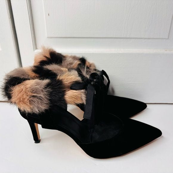 DEE KELLER Velvet Pointed Toe Fur Trim Stiletto Heels Size 7.5