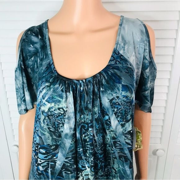 *NEW* ONE WORLD Blue Embroidered Detail Short Sleeve Cold Shoulder Shirt Size 1X