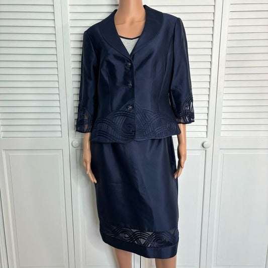 ADRIANNA PAPELL Evening Essentials Silk Navy Blue Skirt Suit Size 10
