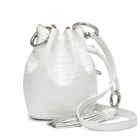 REBECCA MINKOFF Kate Mini White Embossed Leather Bucket Shoulder Bag