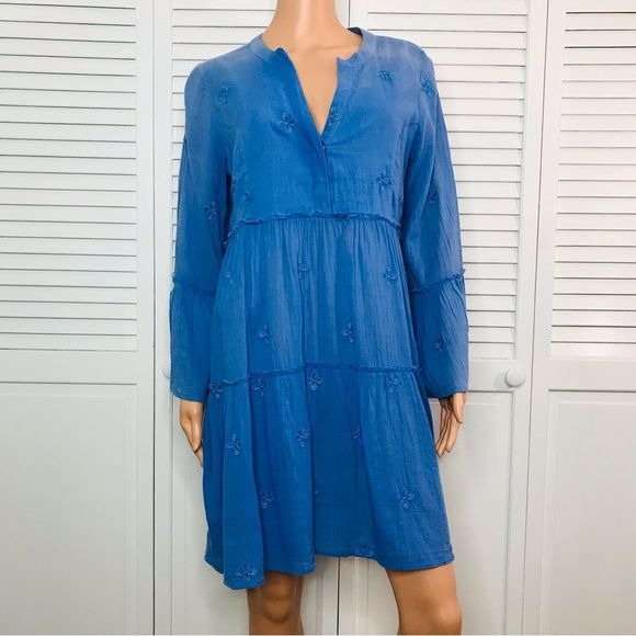 ASPIGA Blue V-Neck Bell Sleeve Dress Size Medium