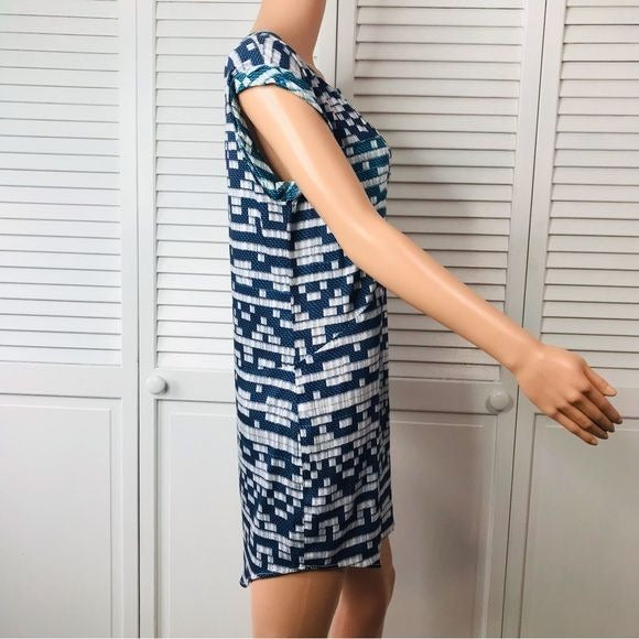 TOWNSEN Navy Blue Geometric Print Short Sleeve V-Neck Dress Size S *NEW*