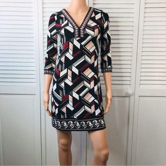 WHITE HOUSE BLACK MARKET Black Geometric Pattern Dress Size Extra Extra Small