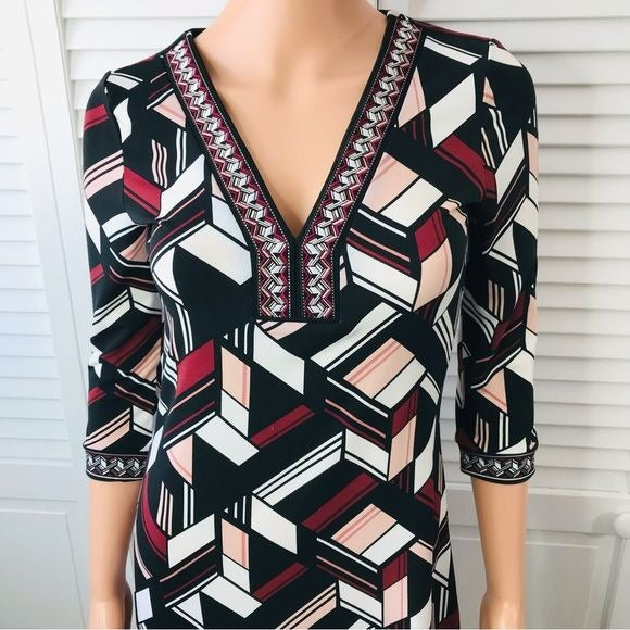 WHITE HOUSE BLACK MARKET Black Geometric Pattern Dress Size Extra Extra Small