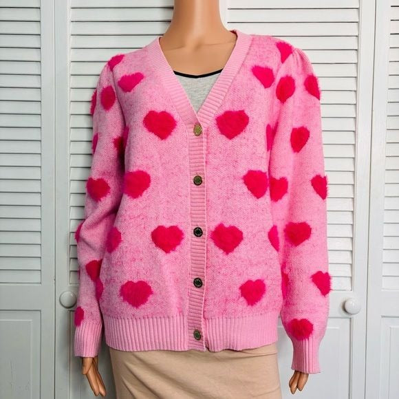 LILLY PULITZER Pink Hearts Keane Jacquard Cardigan Size Large