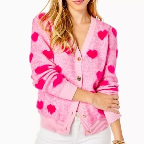 LILLY PULITZER Pink Hearts Keane Jacquard Cardigan Size Large