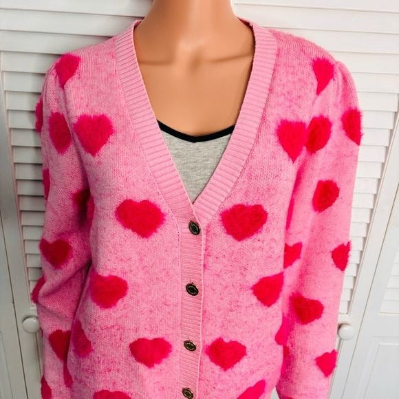 LILLY PULITZER Pink Hearts Keane Jacquard Cardigan Size Large