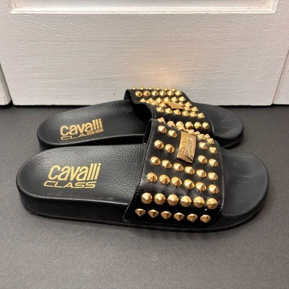 CAVALLI CLASS Black Studded Leather Slides Size 7