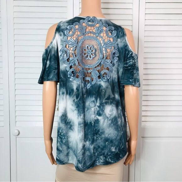 *NEW* ONE WORLD Blue Embroidered Detail Short Sleeve Cold Shoulder Shirt Size 1X