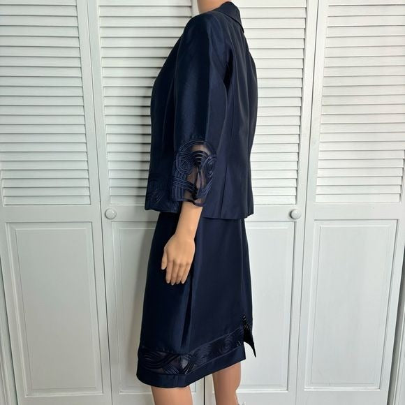 ADRIANNA PAPELL Evening Essentials Silk Navy Blue Skirt Suit Size 10