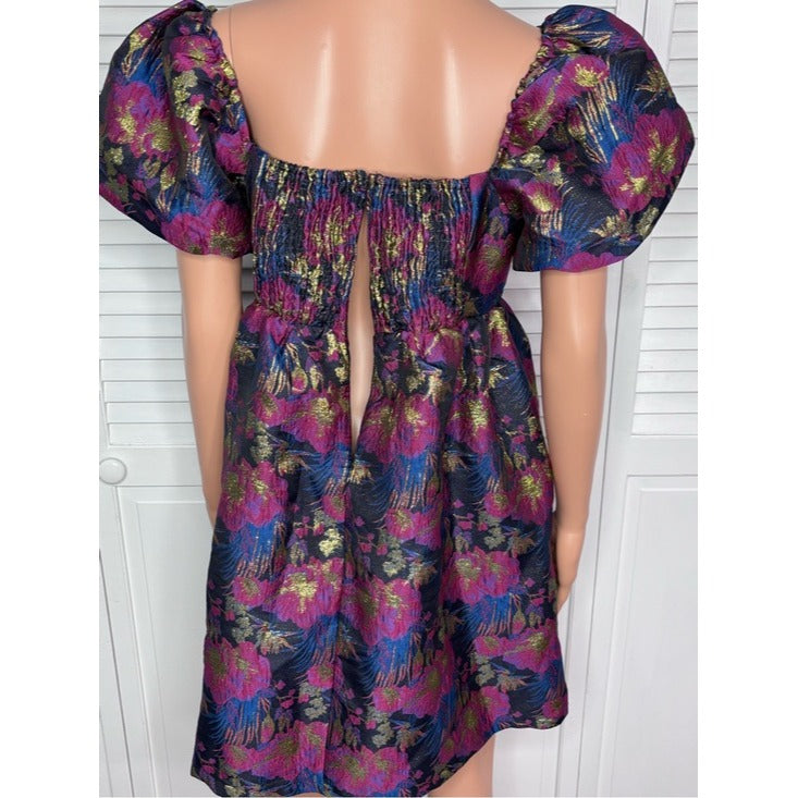 TCEC Metallic Floral Brocade Puff-Sleeve Mini Dress Size Medium
