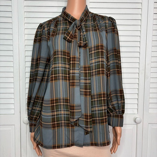 LAUREN RALPH LAUREN Plaid Tie-Neck Georgette Shirt Size Medium