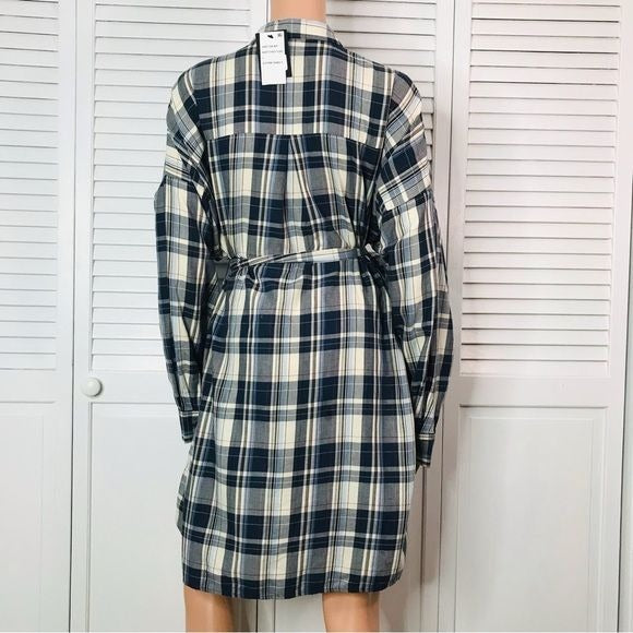 ATM Anthony Thomas Melillo Navy Chalk Plaid Oversized Shirt Dress Size L *NEW*