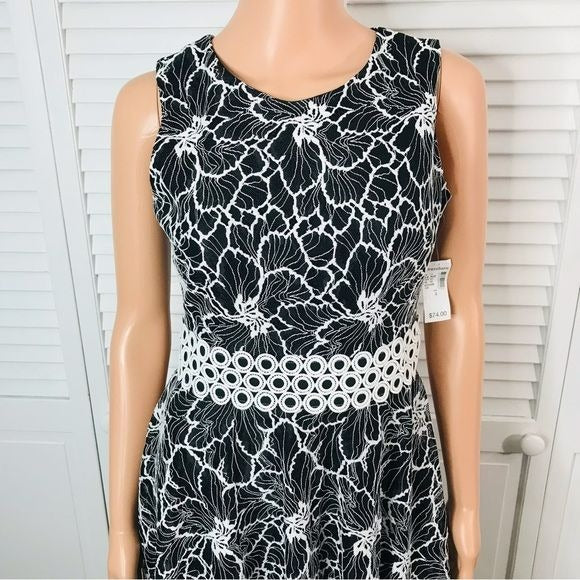 Taylor Black Sleeveless Floral Print Lace Waist Dress Size 4 *NEW*