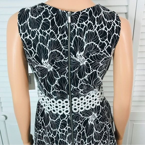 Taylor Black Sleeveless Floral Print Lace Waist Dress Size 4 *NEW*