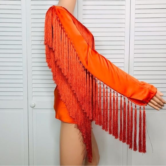 DIANE VON FURSTENBERG Tangerine V-Neck Fringe Blouse Size 8 *NEW*