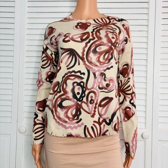 *NEW* CHARLIE B Crew Neck Abstract Print Frayed Hem Sweater Size XS