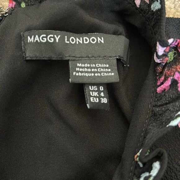 *NEW* MAGGY LONDON Black Floral Long Sleeve Ruffle Mock Neck Dress Size 0