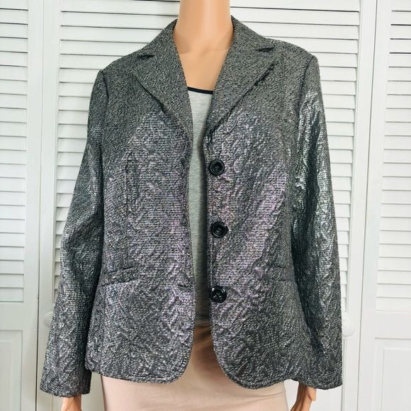 CHICO’s Silver Metallic Textured Blazer Size Large