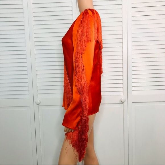 DIANE VON FURSTENBERG Tangerine V-Neck Fringe Blouse Size 8 *NEW*