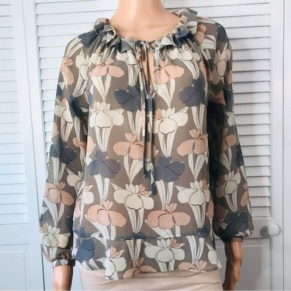 ANN TAYLOR Gray Sheer Long Sleeve Blouse Size Extra Small