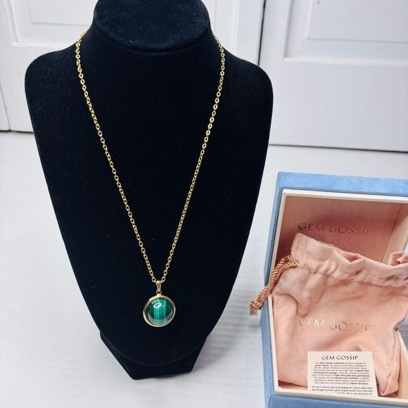 GEM GOSSIP Malachite and Onyx Stone Reversible Pendant 10K Gold Chain Necklace