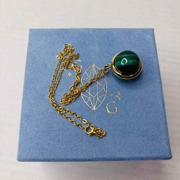 GEM GOSSIP Malachite and Onyx Stone Reversible Pendant 10K Gold Chain Necklace