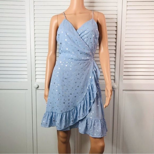 DOLLHOUSE Blue Silver Star Wrap Dress Size M
