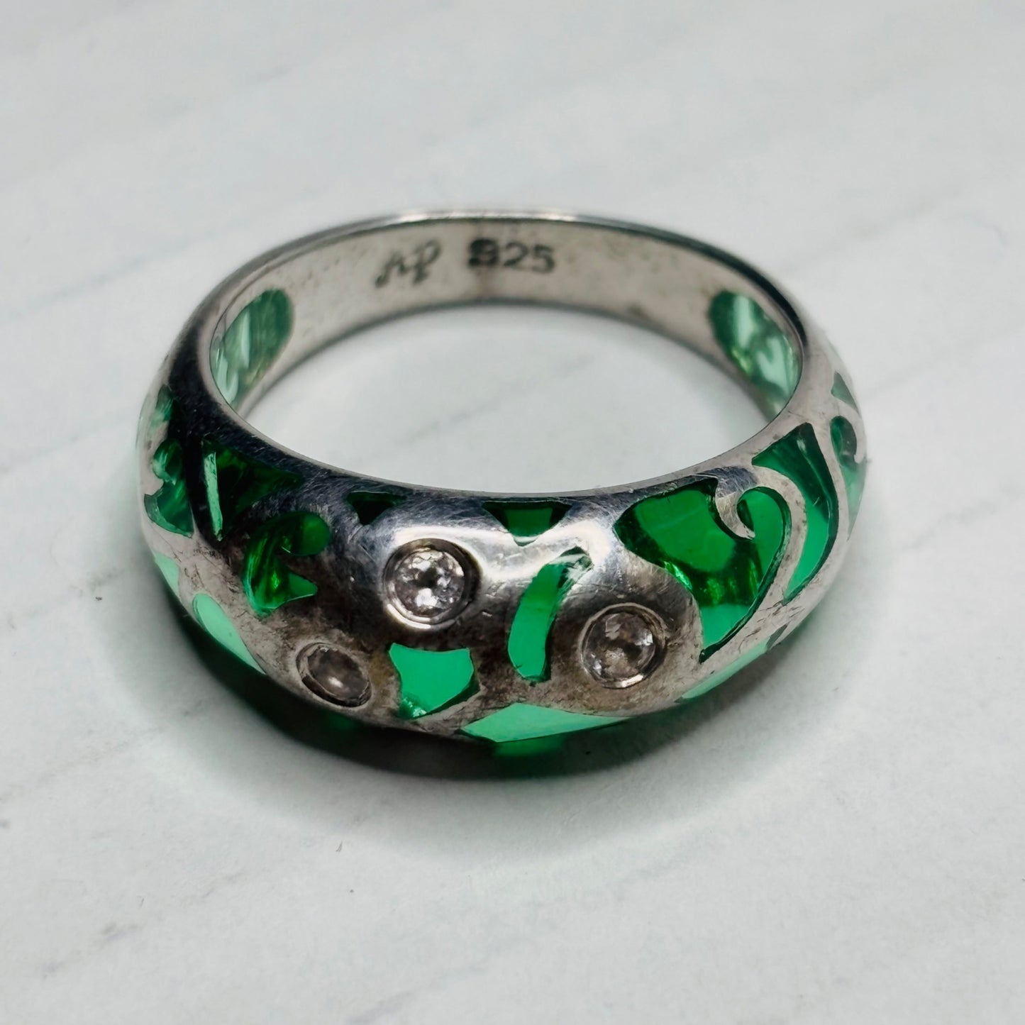 Vintage Sterling Silver Green Glass and Diamonique Stone Ring Size 8